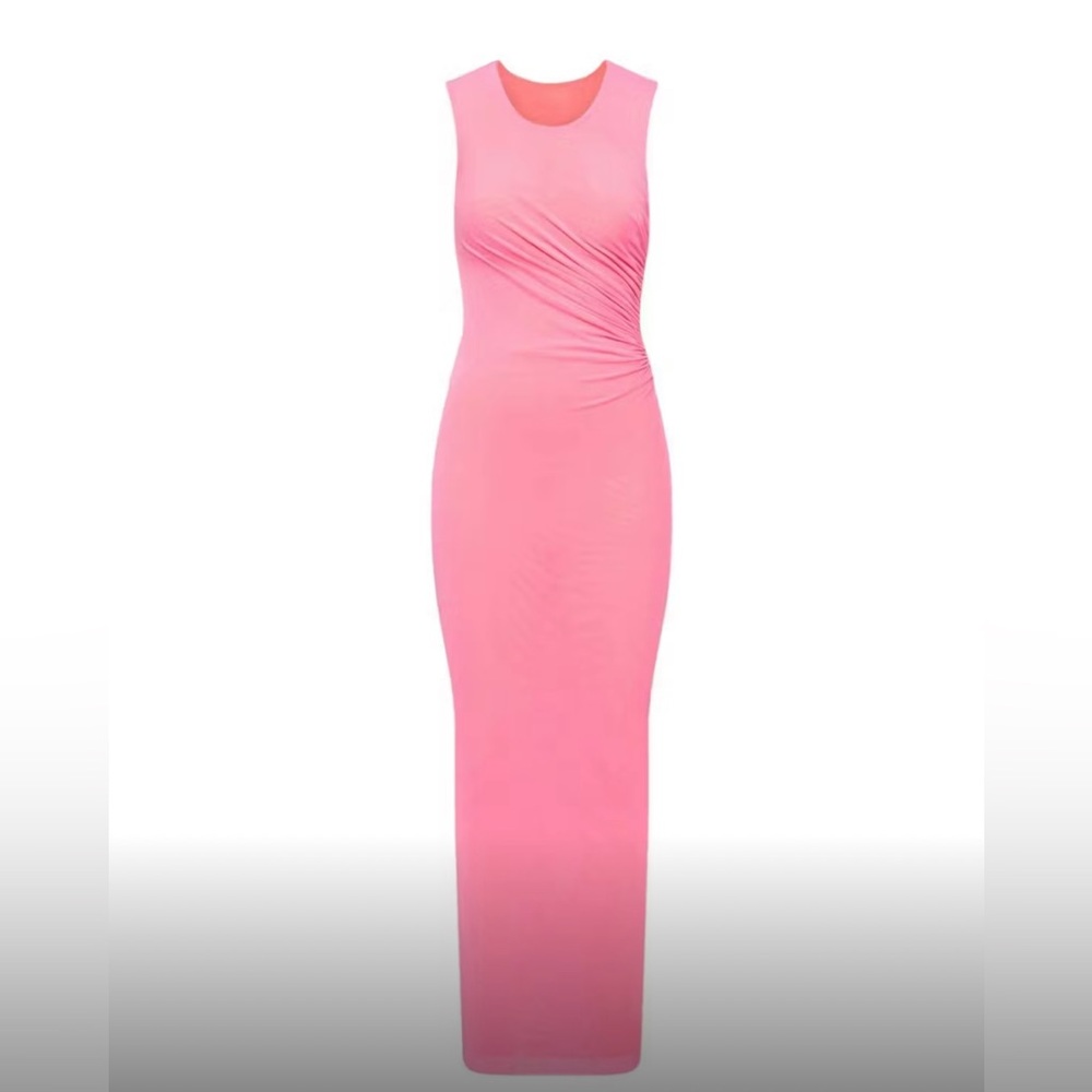 Elegant Italian mesh gathered Pink Sleeveless Dress